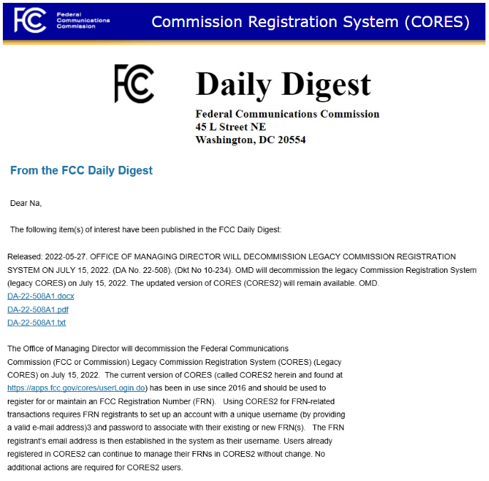 美国FCC更新FRN系统